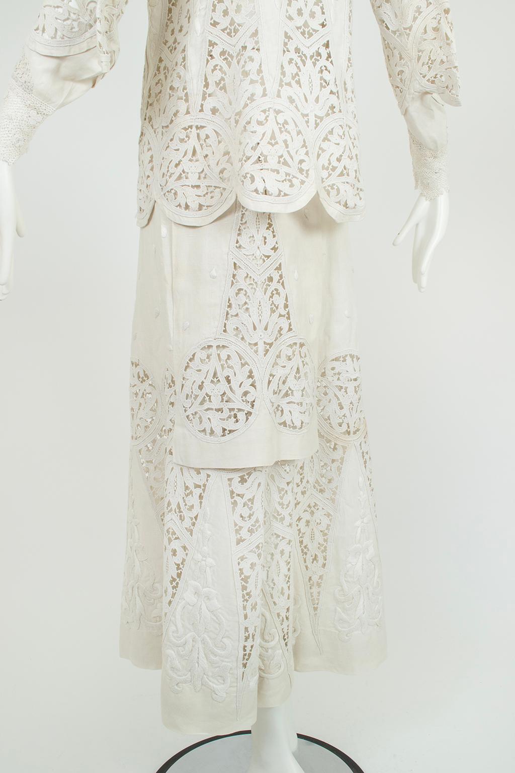 Costume de marche ou de mariage en coton et crochet irlandais blanc de l'époque édouardienne - L, années 1900 en vente 8