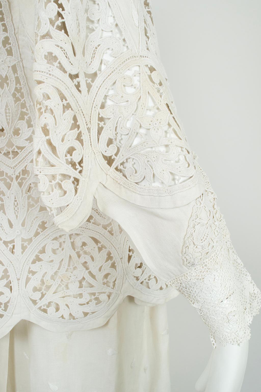 Costume de marche ou de mariage en coton et crochet irlandais blanc de l'époque édouardienne - L, années 1900 en vente 12