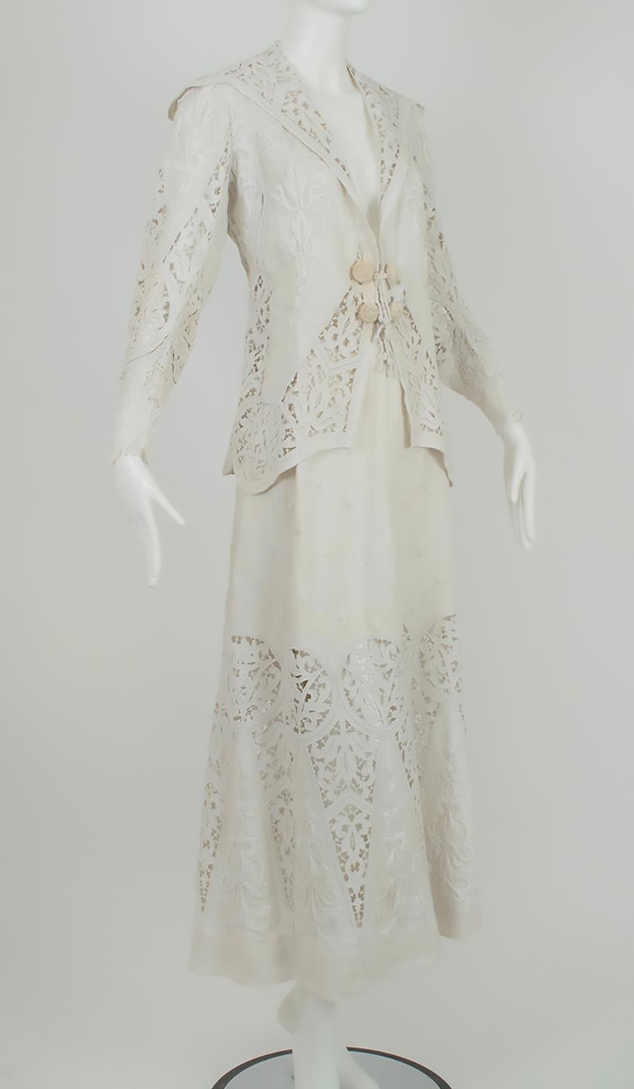 A museum-quality piece of extreme rarity, this turn-of-the-century walking suit is exceptional for its extraordinary workmanship, condition, atypical silhouette and unheard-of large size. Whereas most suits of this era featured long jackets with