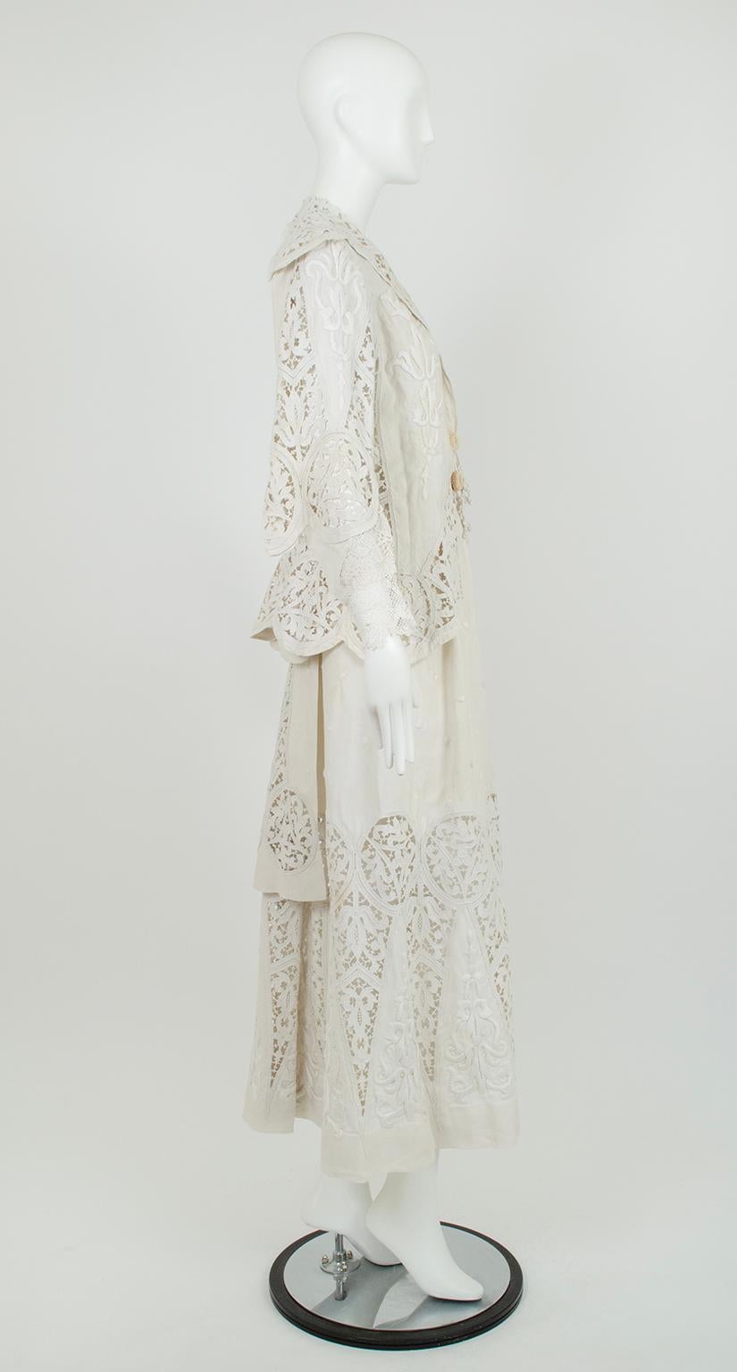 Edwardian White Irish Crochet and Cotton Walking or Wedding Suit – L, 1900s In Good Condition For Sale In Tucson, AZ