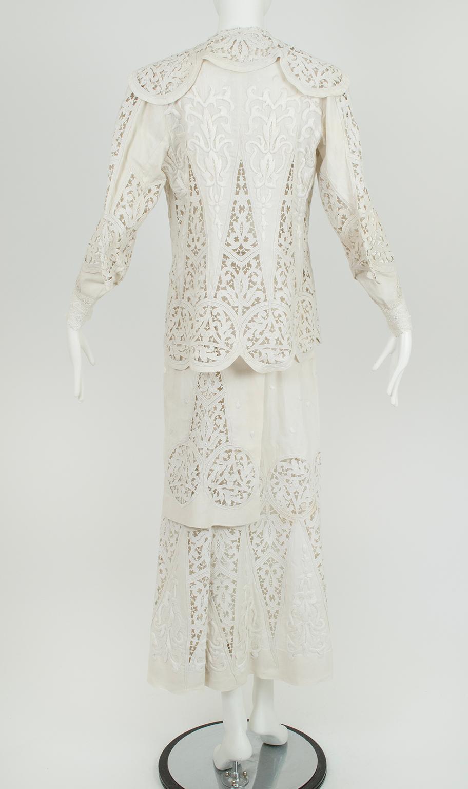 Women's Edwardian White Irish Crochet and Cotton Walking or Wedding Suit – L, 1900s For Sale