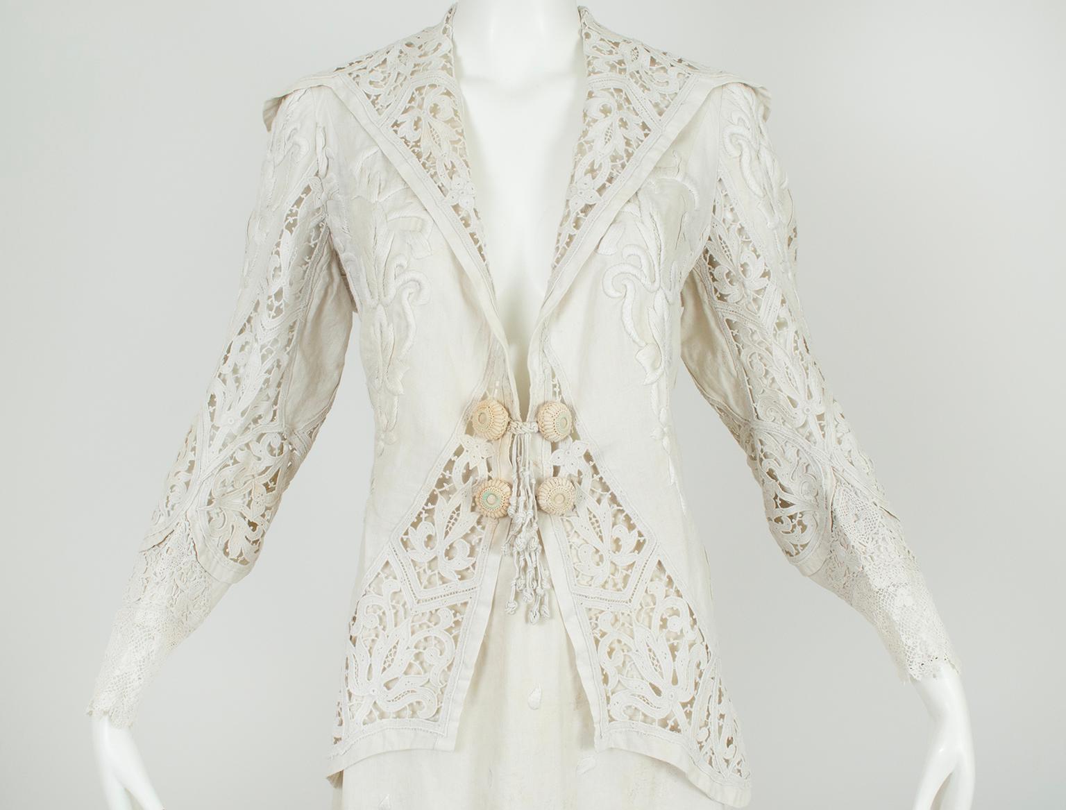 Edwardian White Irish Crochet und Baumwolle Walking oder Hochzeit Anzug - L, 1900s im Angebot 1
