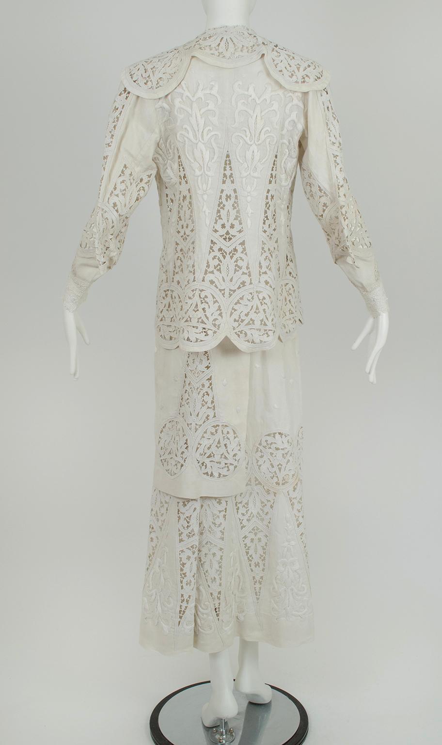 Edwardian White Irish Crochet and Cotton Walking or Wedding Suit – L, 1900s In Good Condition For Sale In Tucson, AZ
