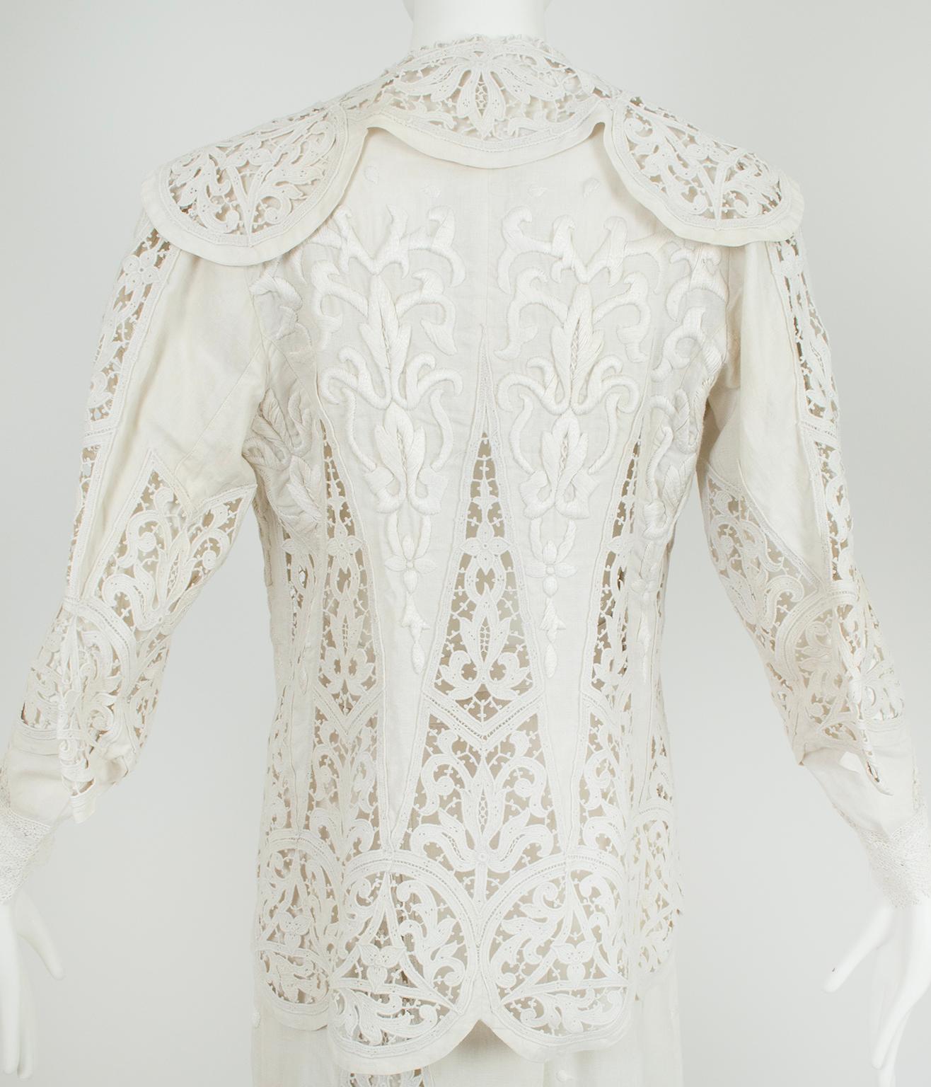 Costume de marche ou de mariage en coton et crochet irlandais blanc de l'époque édouardienne - L, années 1900 en vente 2