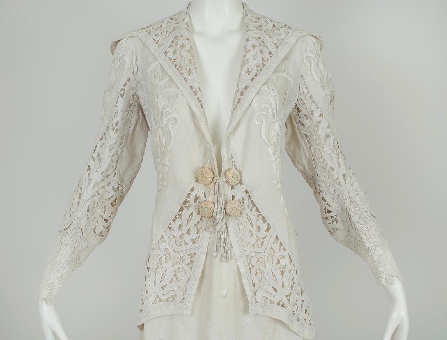 Women's Edwardian White Irish Crochet and Cotton Walking or Wedding Suit – L, 1900s For Sale