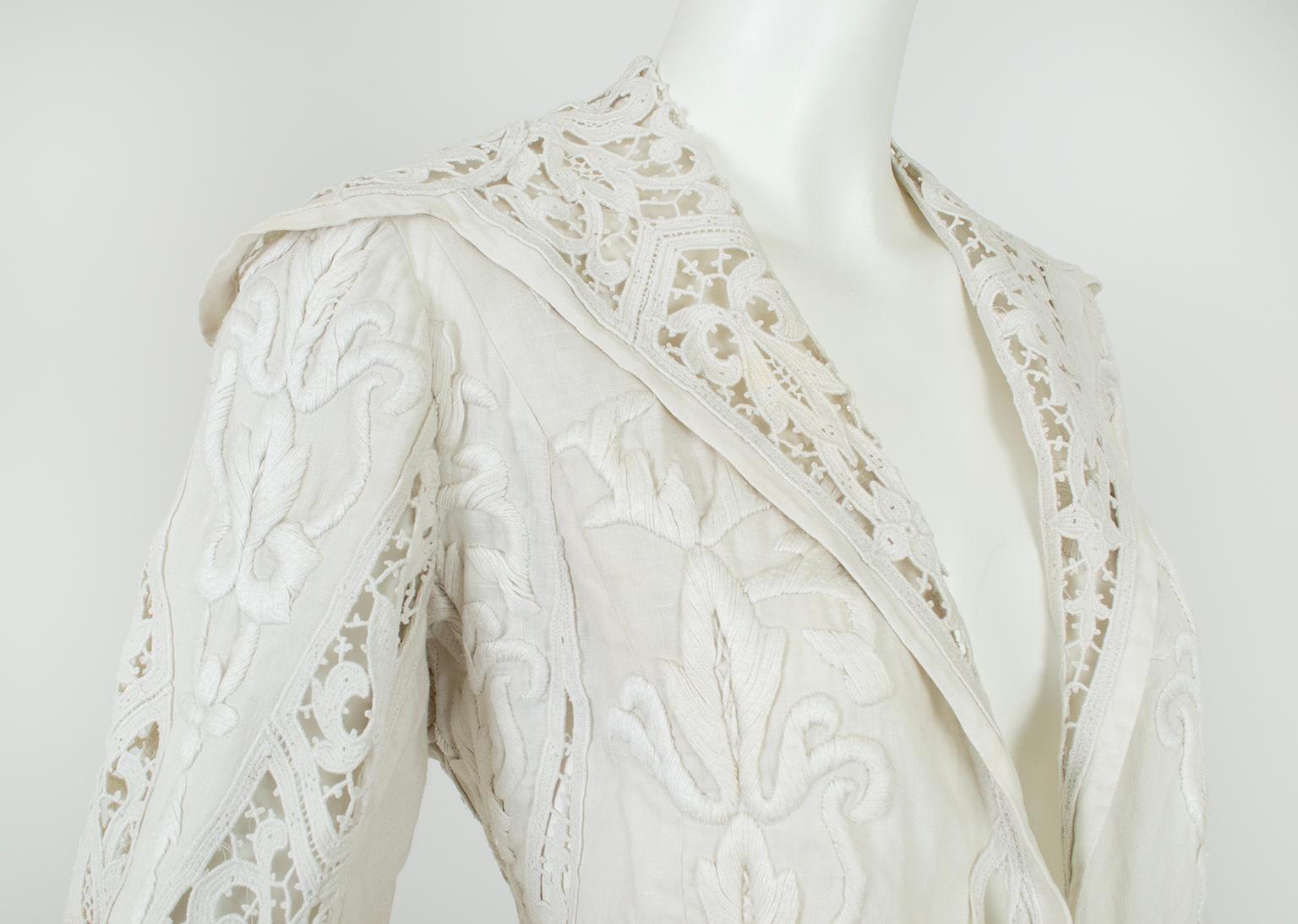 Edwardian White Irish Crochet und Baumwolle Walking oder Hochzeit Anzug - L, 1900s im Angebot 5