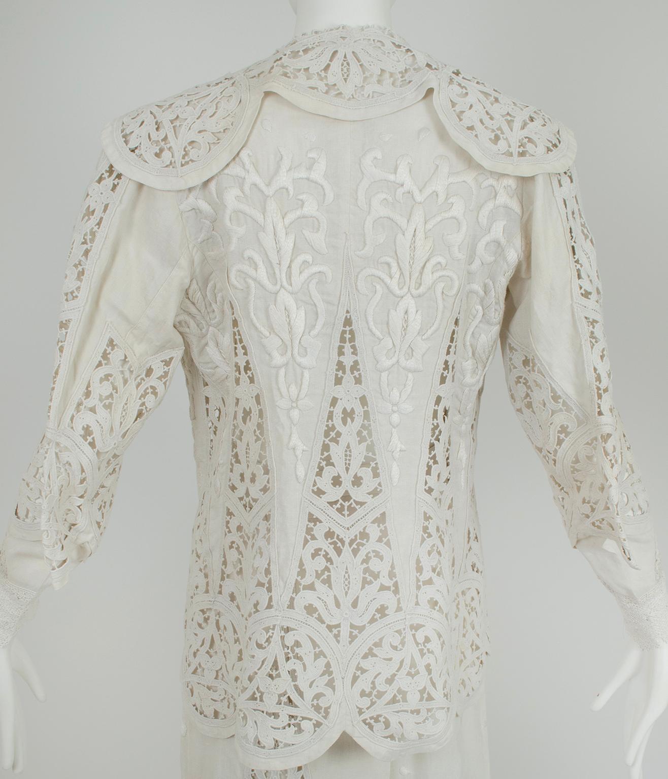 Edwardian White Irish Crochet and Cotton Walking or Wedding Suit – L, 1900s For Sale 4