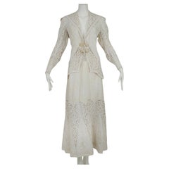 Traje de paseo o de boda eduardiano blanco irlandés de ganchillo y algodón - L, 1900s