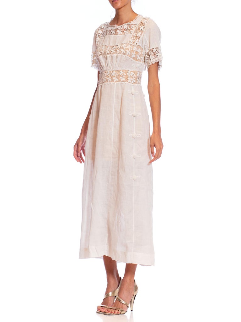 Edwardian White Linen and Lace Tea Dress With Sleeves For Sale at 1stDibs |  linen tea dress