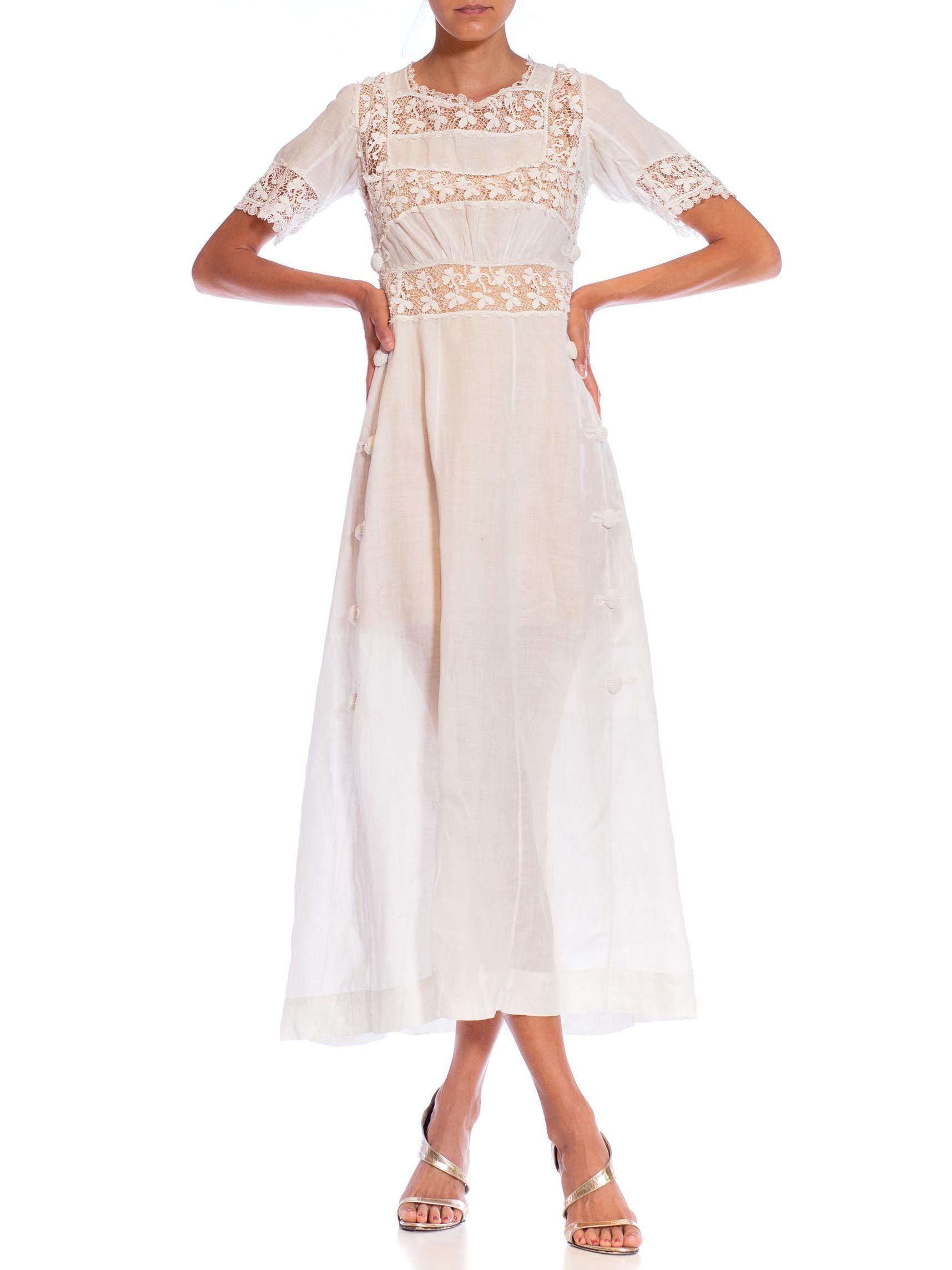 Edwardian White Linen & Lace Tea Dress With Sleeves For Sale 1