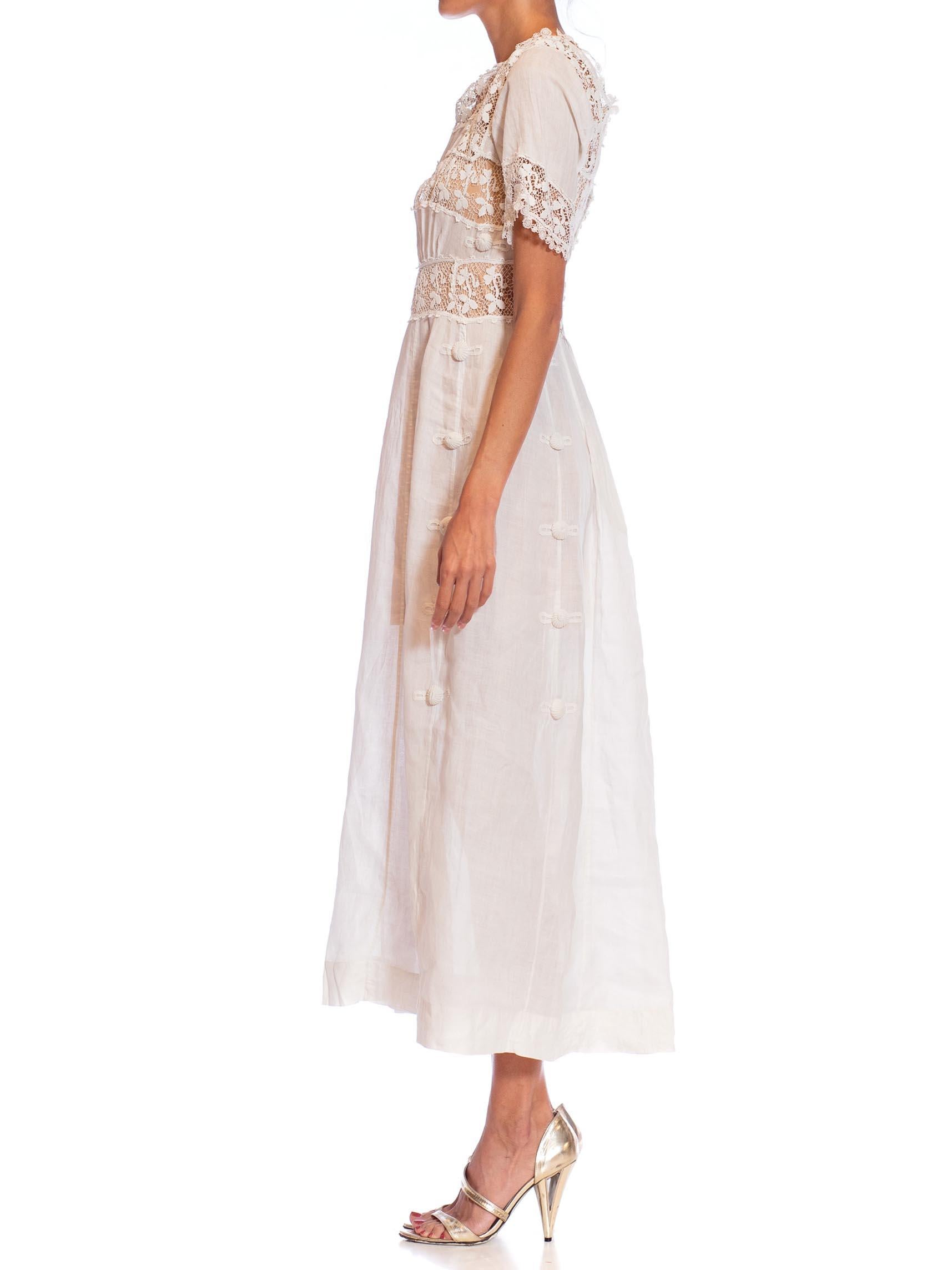 Edwardian White Linen & Lace Tea Dress With Sleeves For Sale 2