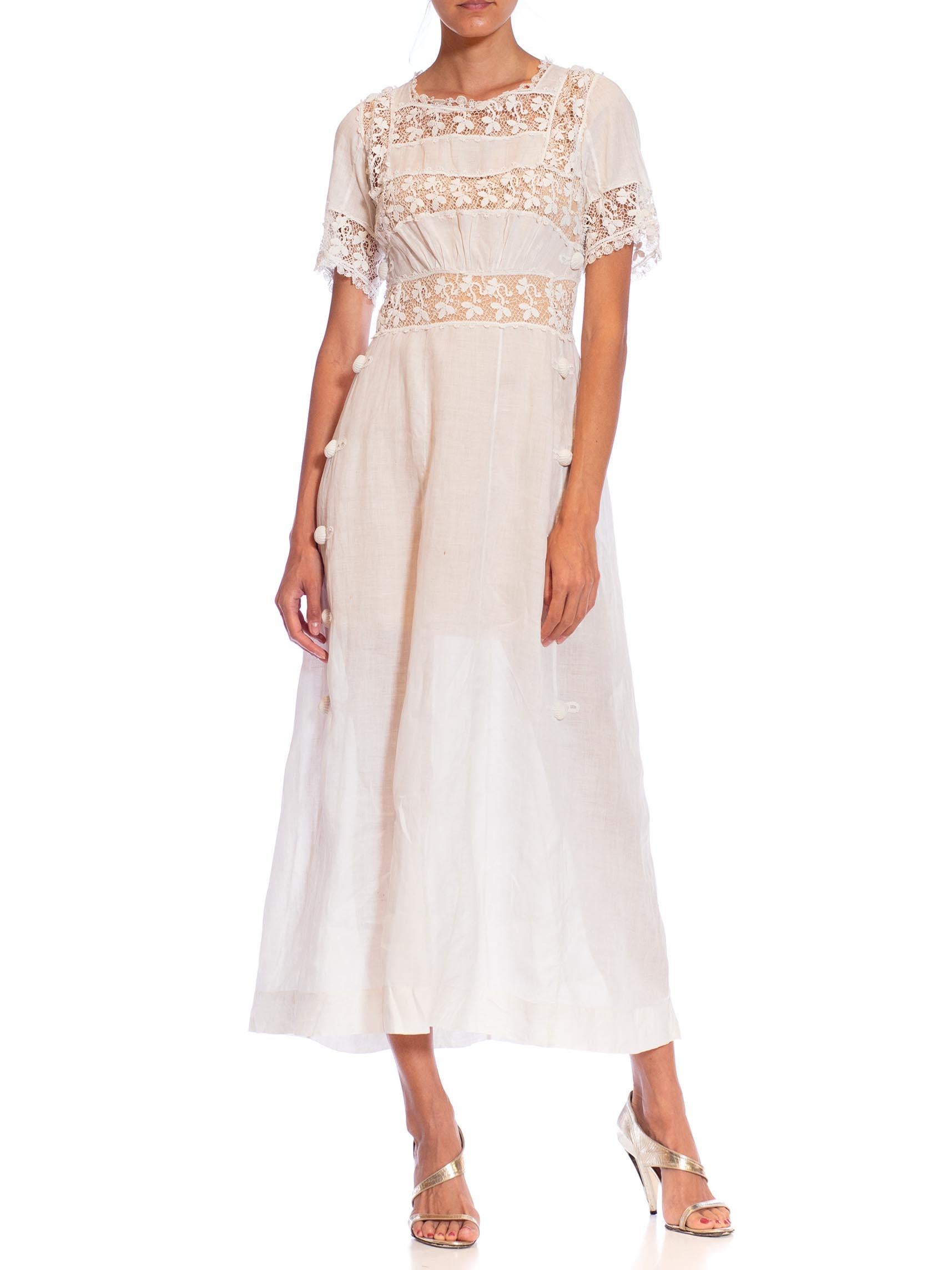 Edwardian White Linen & Lace Tea Dress With Sleeves For Sale 4