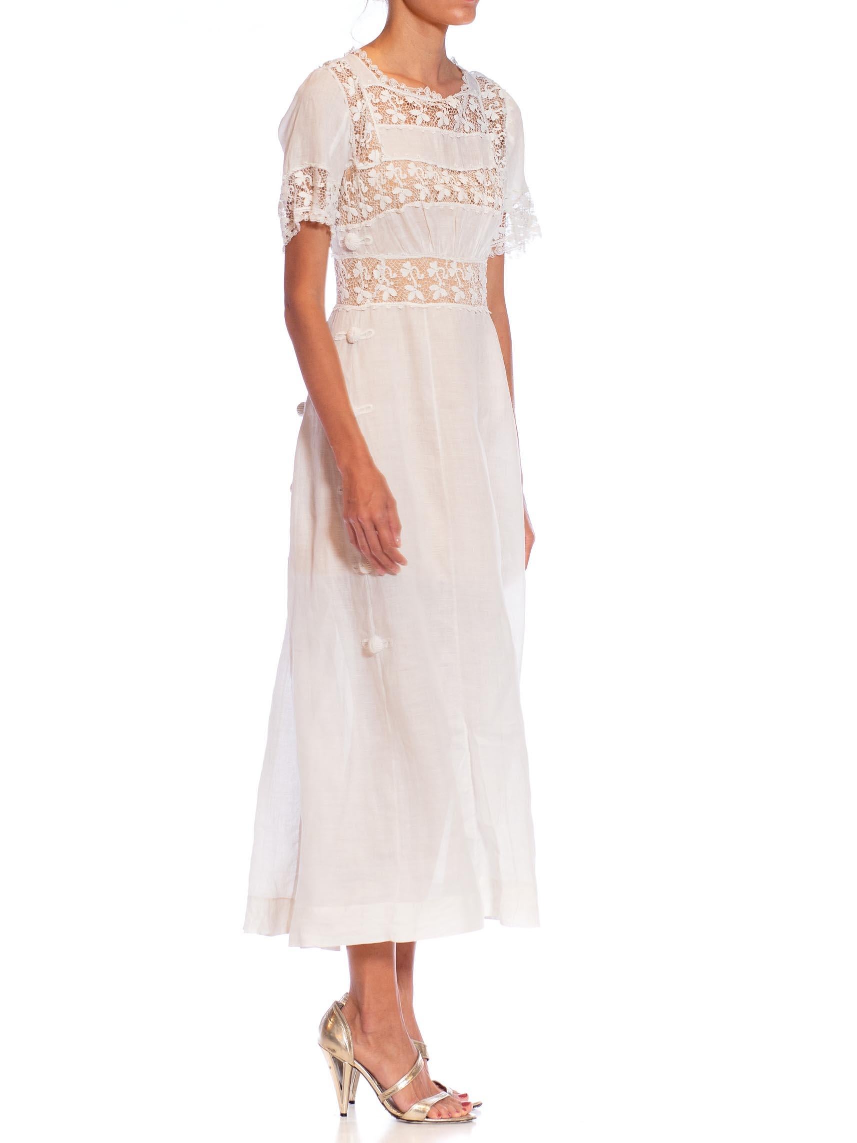 Edwardian White Linen & Lace Tea Dress With Sleeves For Sale 5
