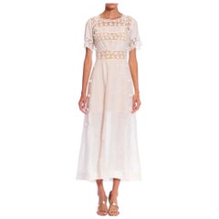 Edwardian Weiß Leinen & Spitze Tee Kleid mit Ärmeln