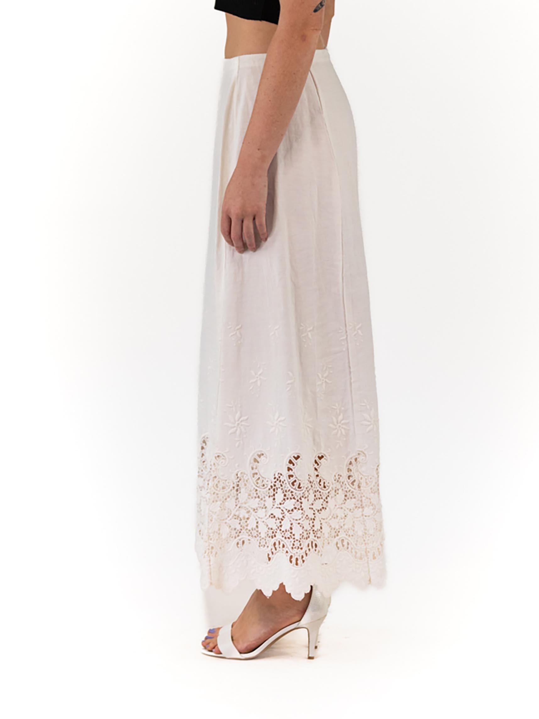 Edwardian White Linen Skirt With Floral Hand Embroidery 1