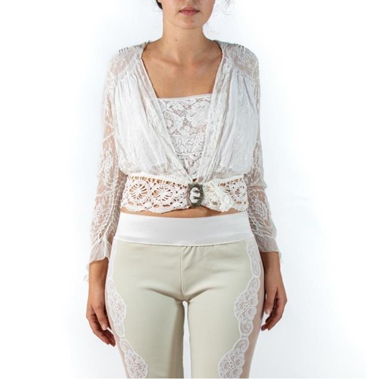 Women's Edwardian White Organic Cotton Antique Lace Exceptional Blouse With Sterling Si For Sale