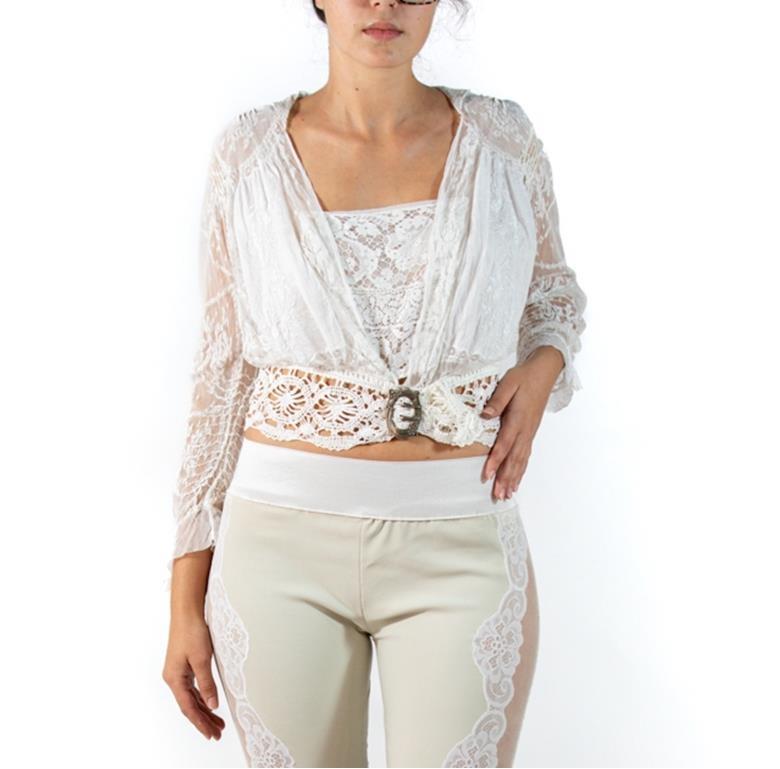 Edwardian White Organic Cotton Antique Lace Exceptional Blouse With Sterling Si For Sale 1