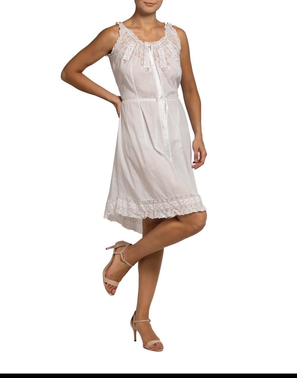Edwardian White Organic Cotton Drawstring Waist Dress With Lace Detail For Sale 3