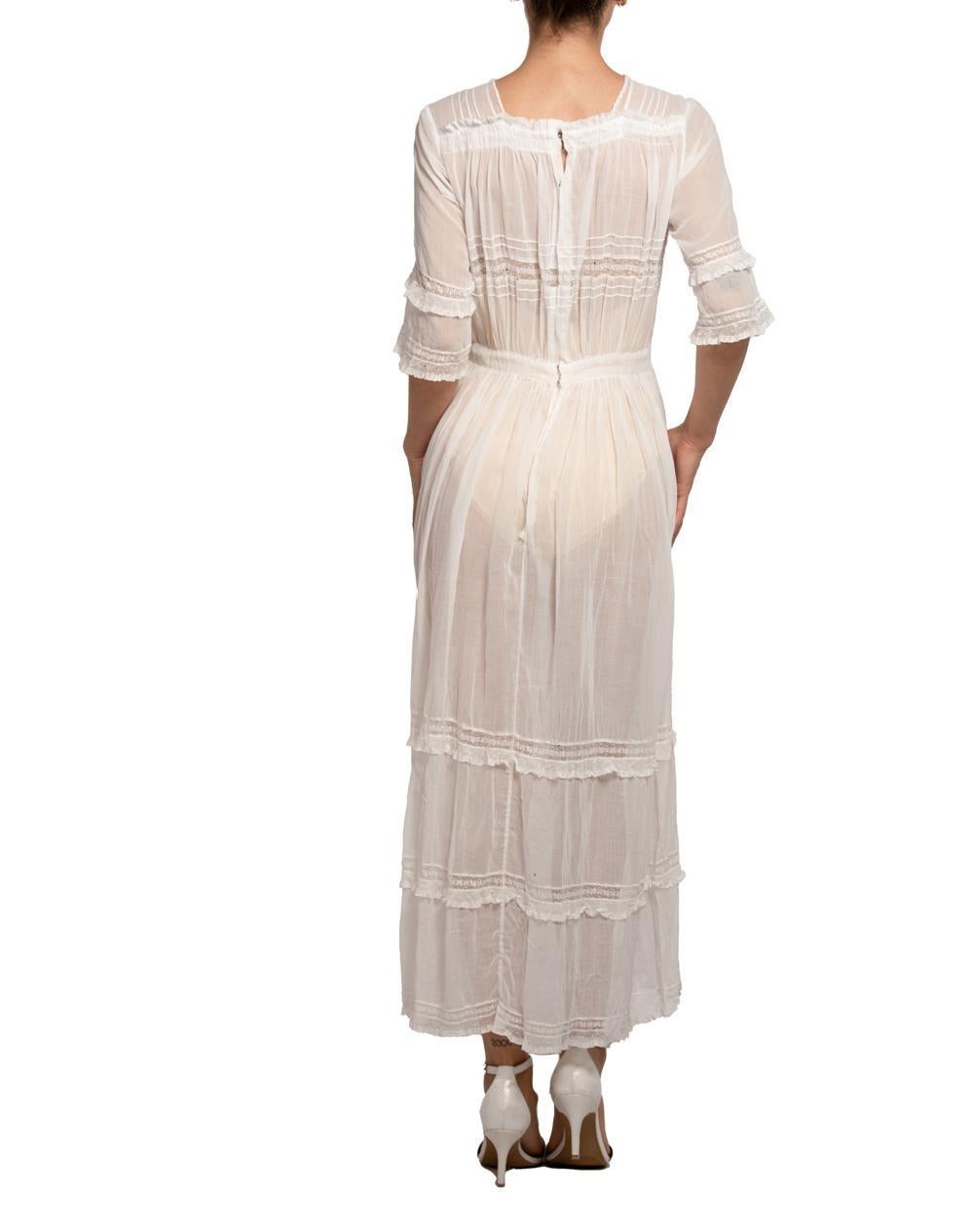 Women's Edwardian White Organic Cotton Dress With Beautiful Lave Trim Detail For Sale