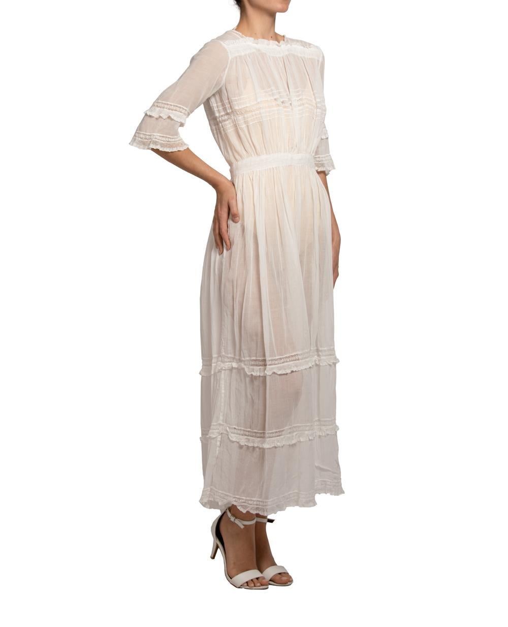 Edwardian White Organic Cotton Dress With Beautiful Lave Trim Detail For Sale 1