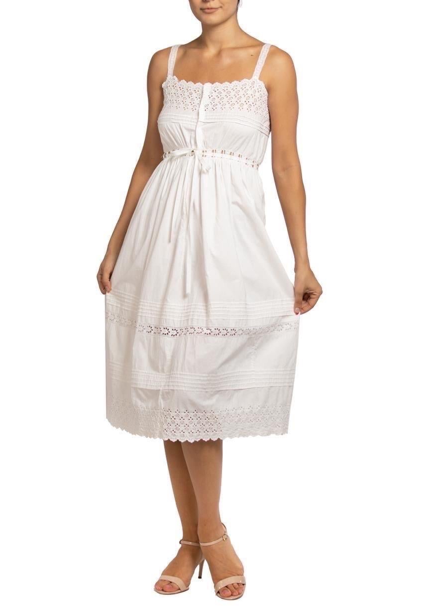 Edwardian White Organic Cotton Eyelet Lace Hand Embroidered Dress For Sale 2