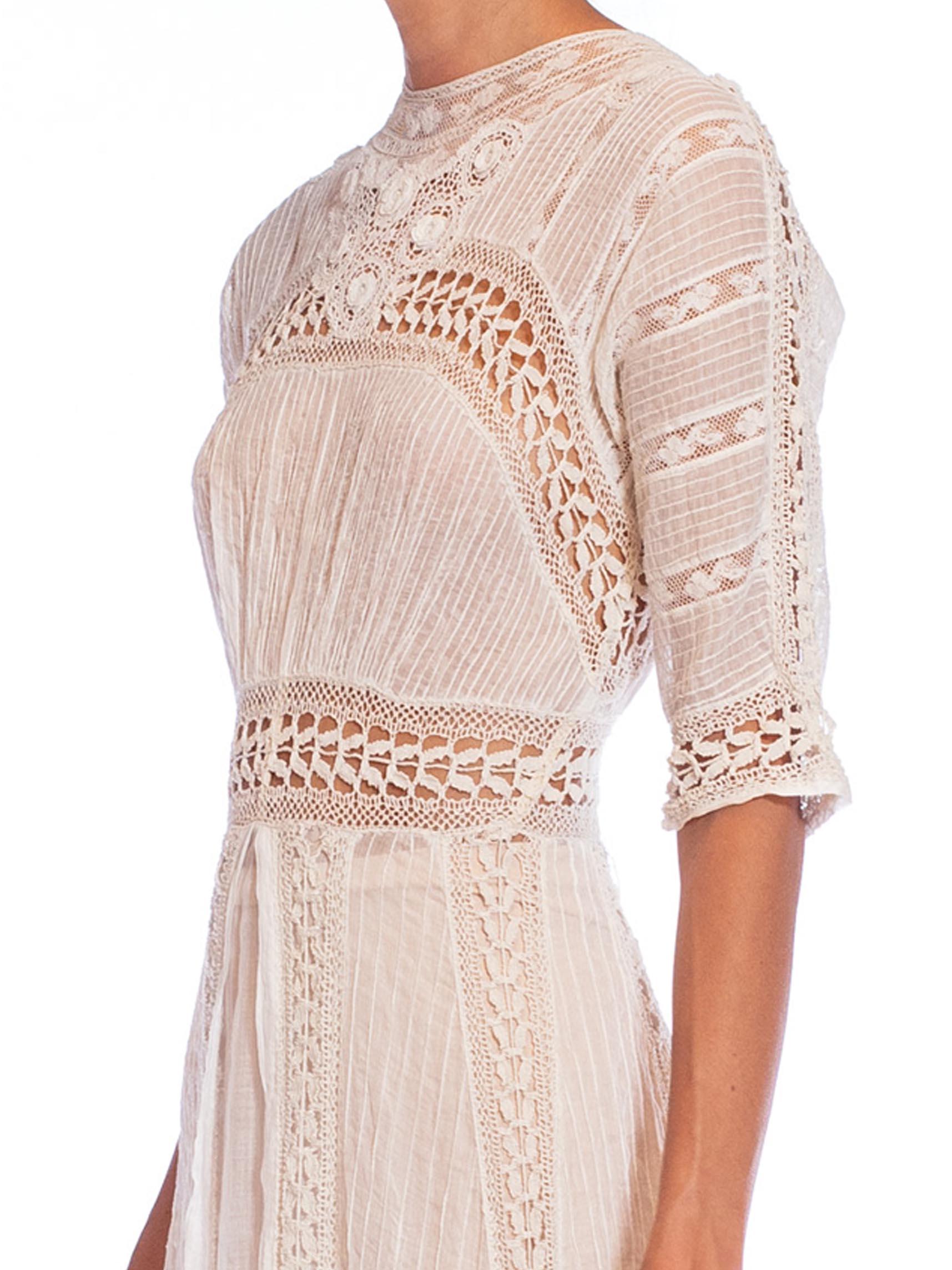 Edwardian White Organic Cotton Eyelet Lace Tea Gown With Irish Crochet Details 5