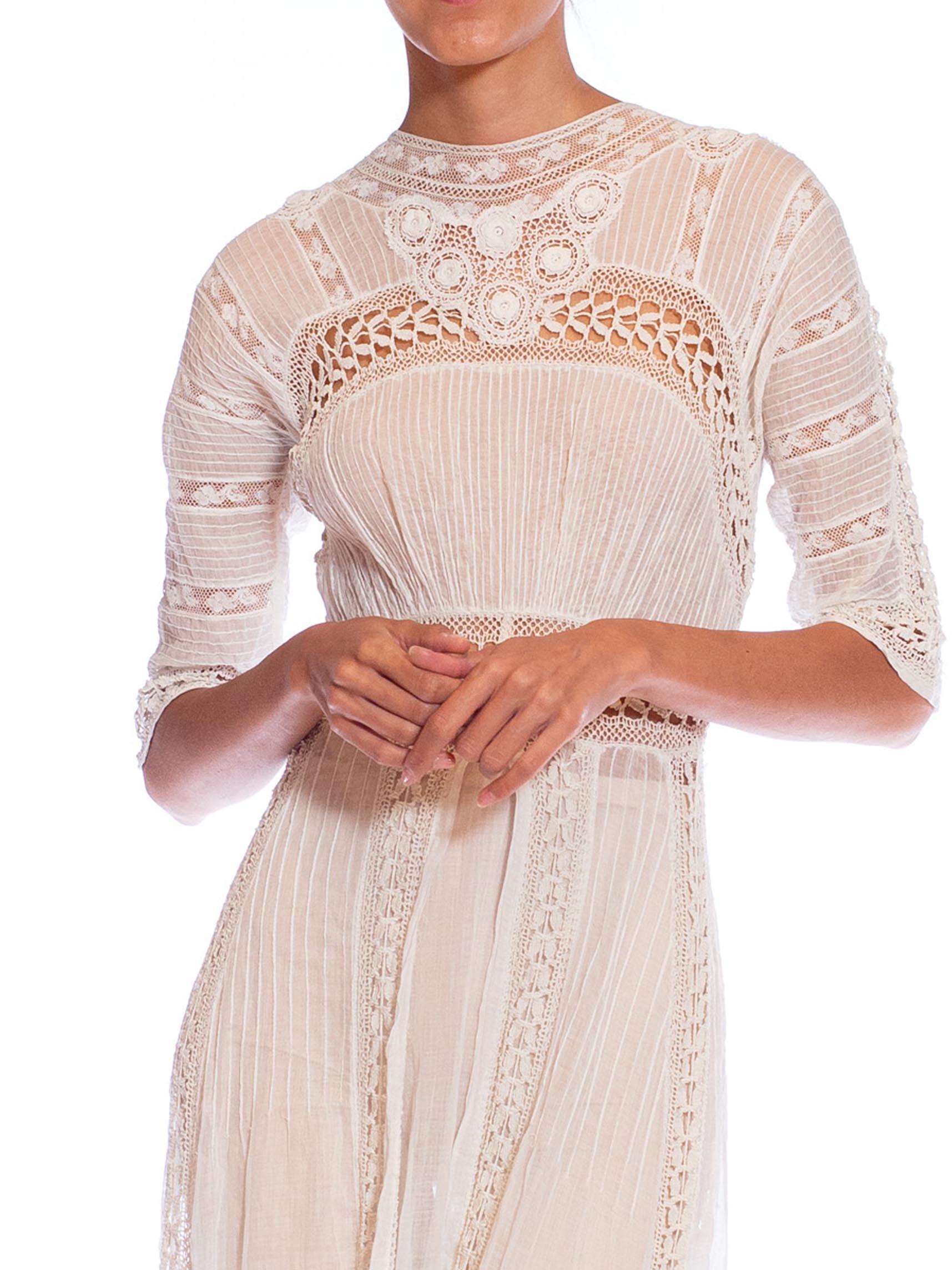 Edwardian White Organic Cotton Eyelet Lace Tea Gown With Irish Crochet Details 6