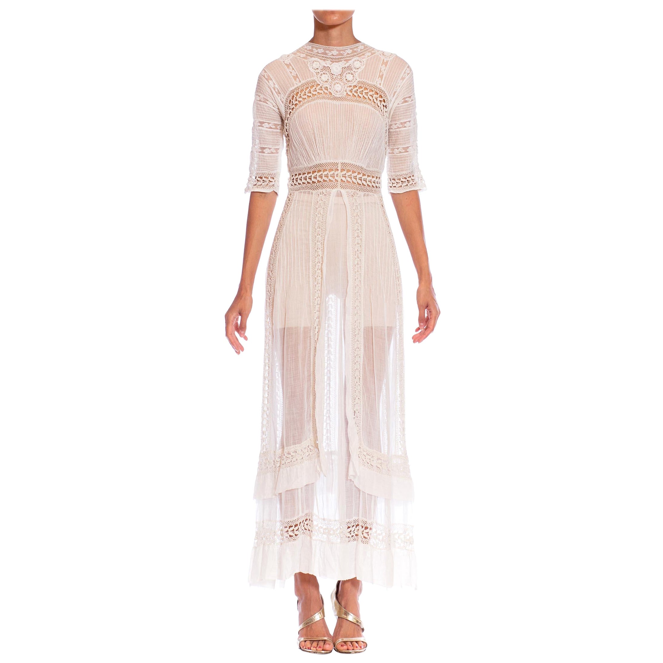 Edwardian White Organic Cotton Eyelet Lace Tea Gown With Irish Crochet Details