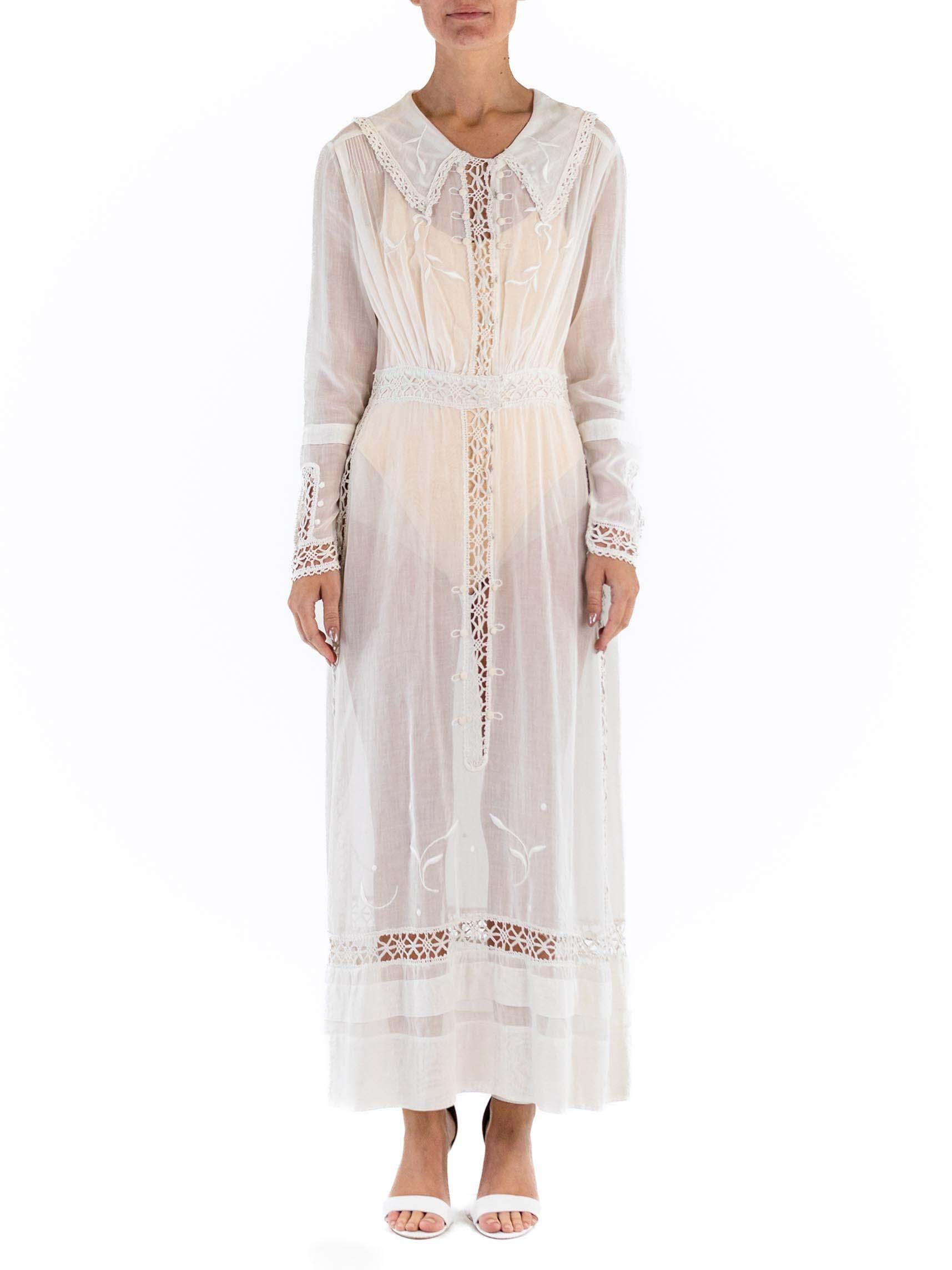 Edwardian White Organic Cotton Lace Sailor Collar Tea Dress With Sleeves Damen im Angebot