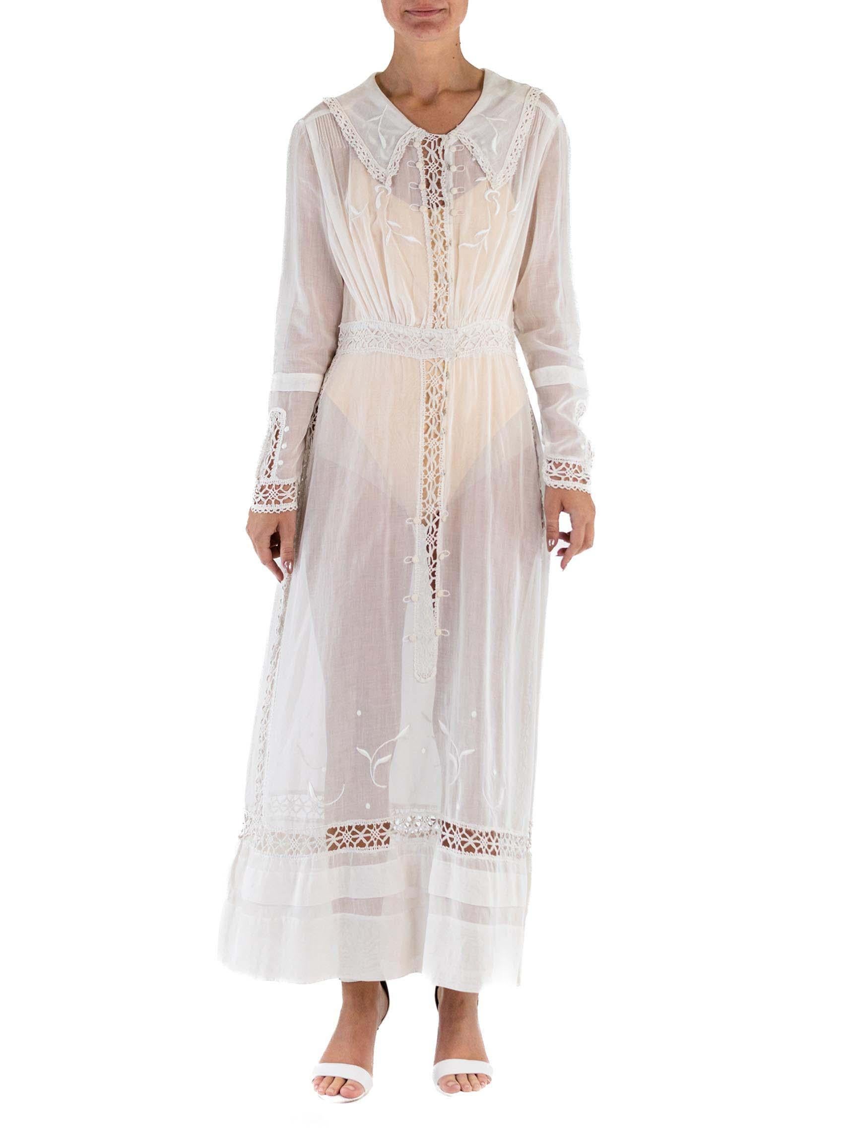Women's Edwardian White Organic Cotton Lace Sailor Collar Tea Dress With Sleeves For Sale