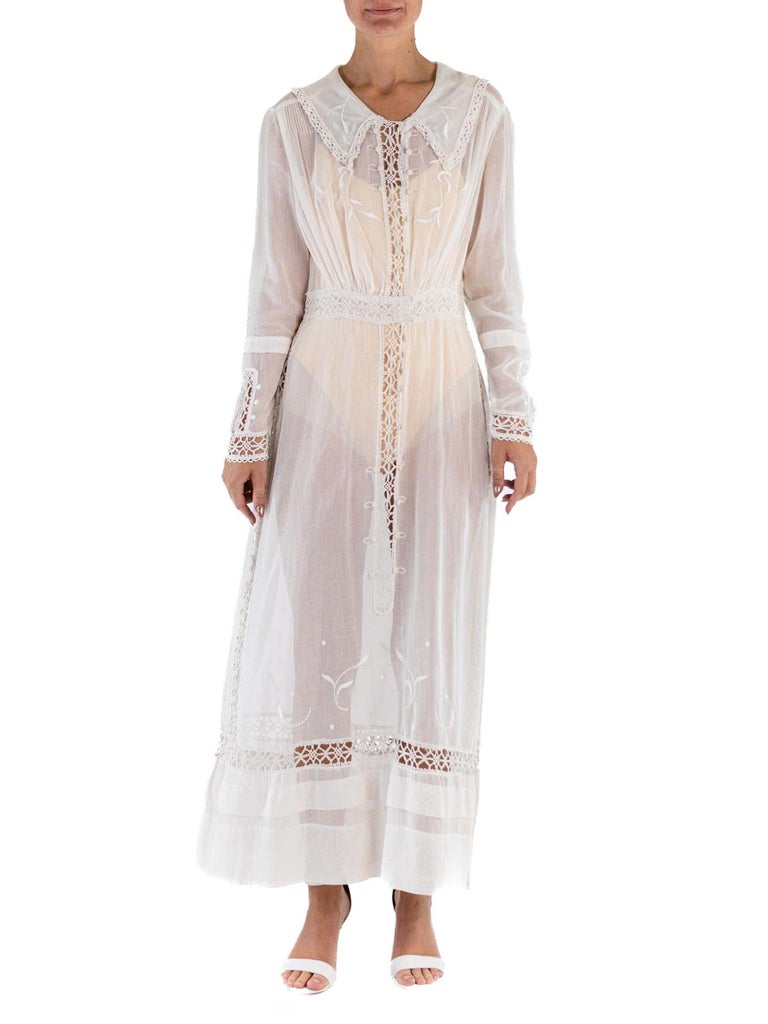 Edwardian White Organic Cotton Lace Sailor Collar Tea Dress With