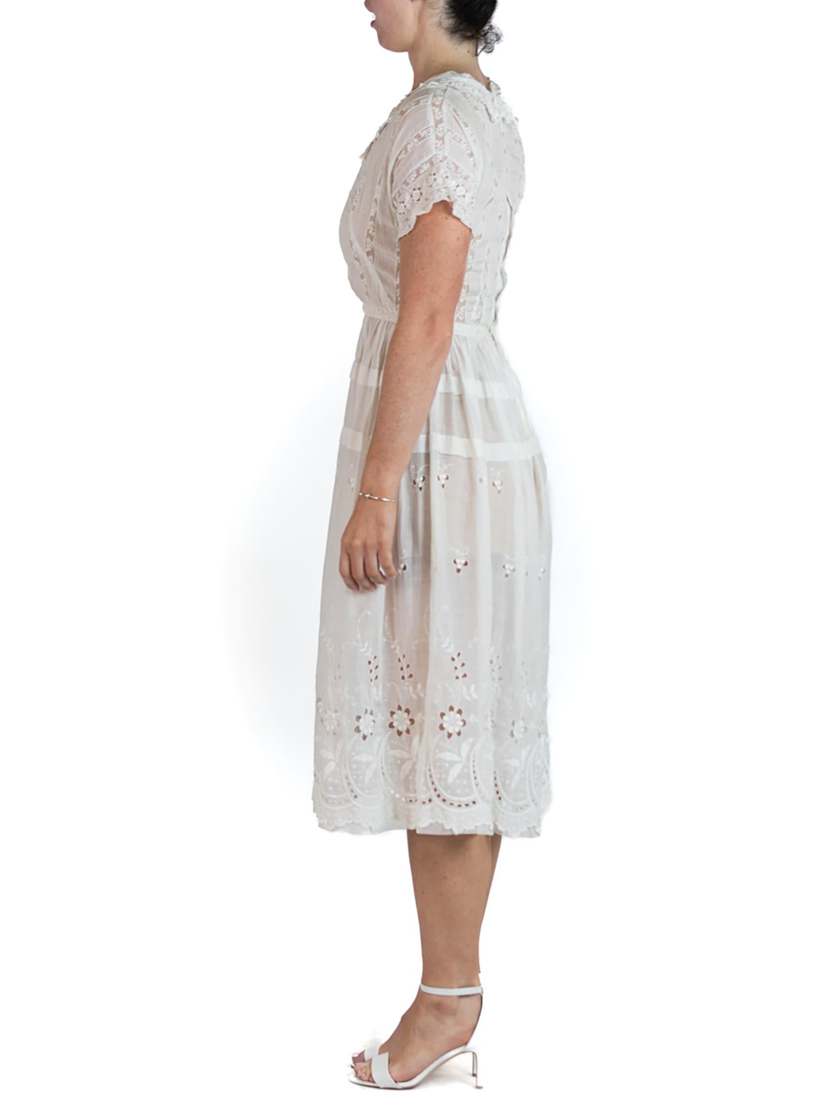 XS Waist with a 36 Bust  Edwardian White Organic Cotton Lawn Embroidered Lace Summer Tea Dress 