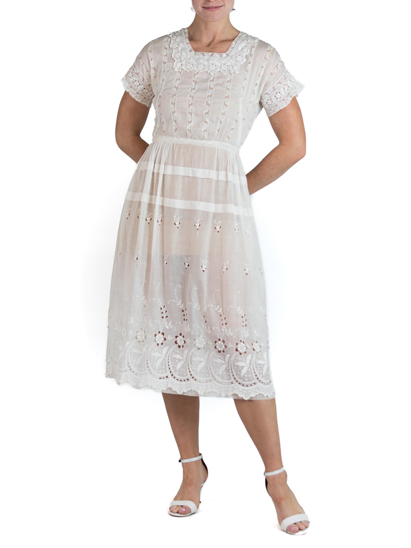 Edwardian White Organic Cotton Lawn Embroidered Lace Summer Tea Dress For Sale 1