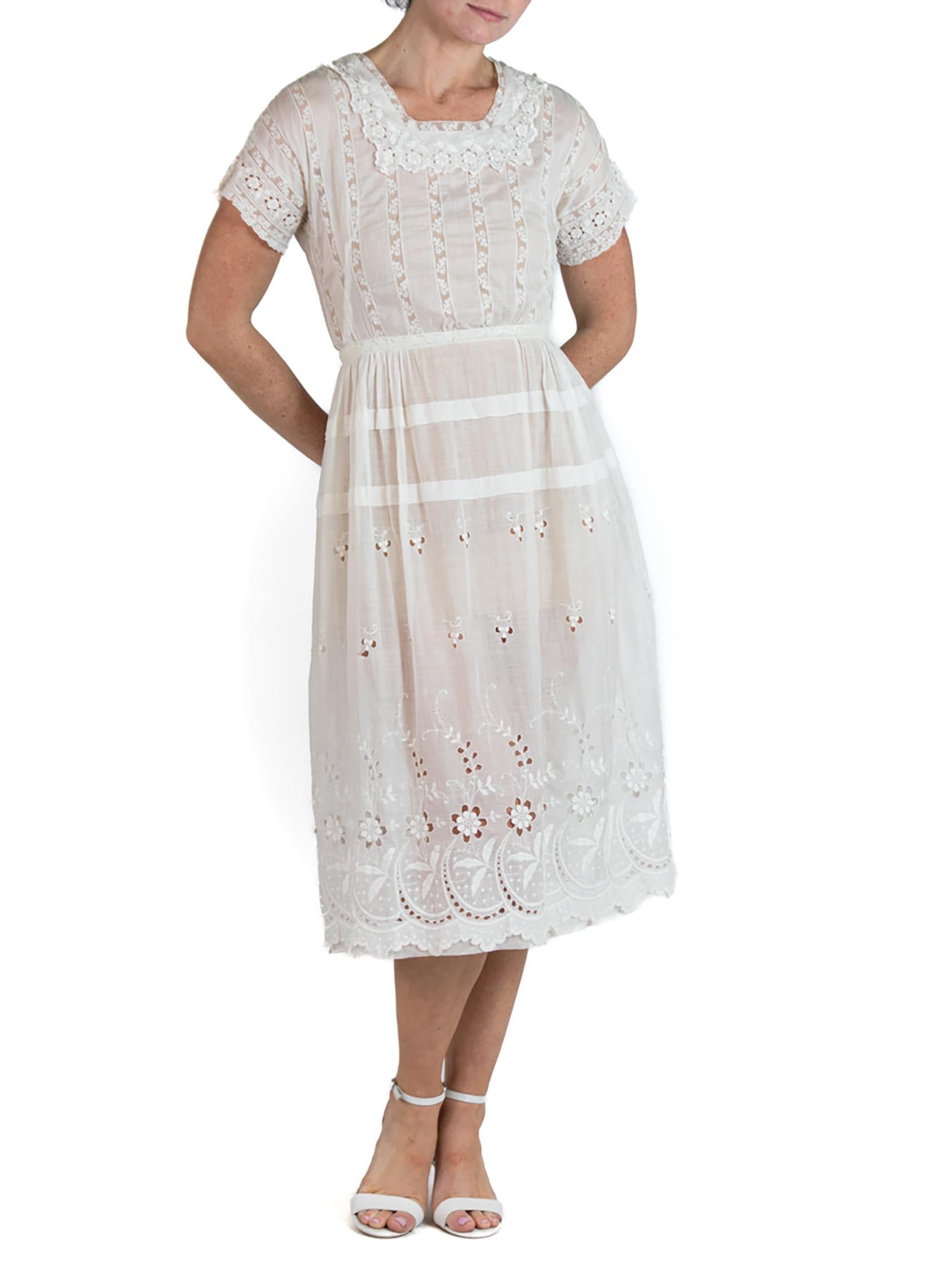 Edwardian White Organic Cotton Lawn Embroidered Lace Summer Tea Dress For Sale 2