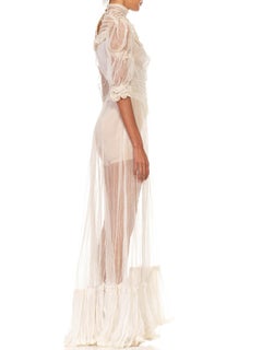 Edwardian White Organic Cotton Net Short Sleeved Tea Dress With Slight Train
