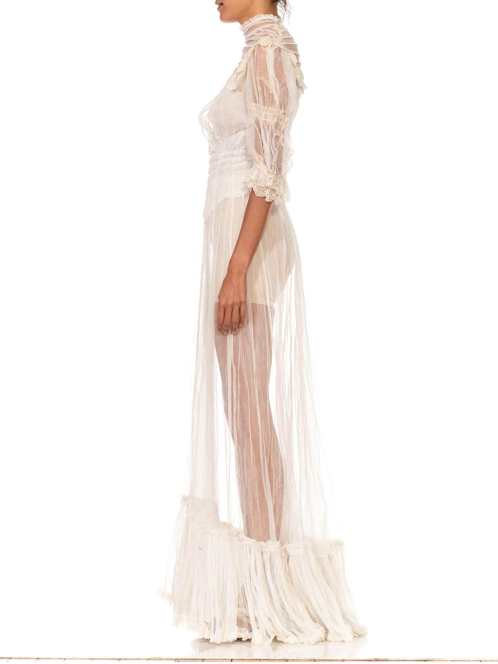 Women's Edwardian White Organic Cotton Net Short Sleeved Tea Dress With Slight Train