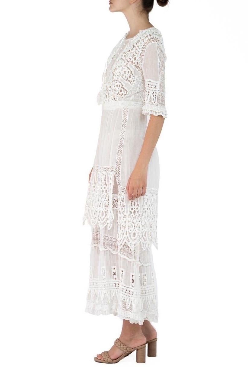 Edwardian White Organic Cotton Voile Dress With Embroidery And Lace In Excellent Condition For Sale In New York, NY