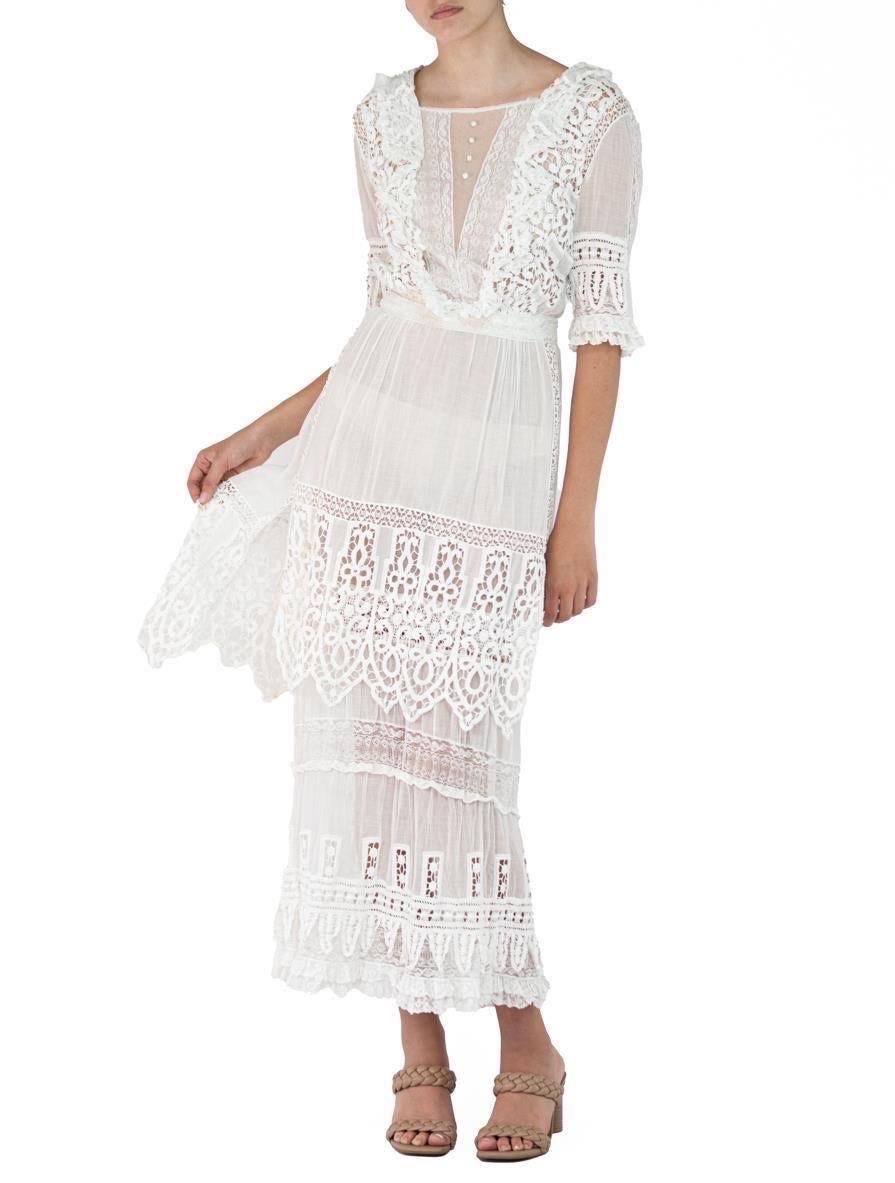 Edwardian White Organic Cotton Voile Dress With Embroidery And Lace For Sale 1