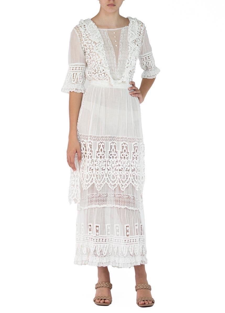 Edwardian White Organic Cotton Voile Dress With Embroidery And Lace For Sale 2