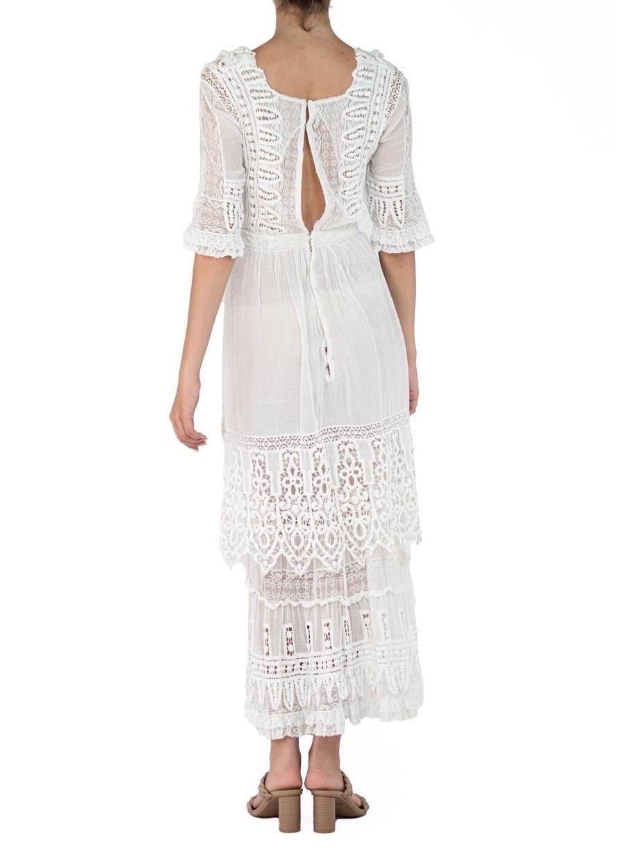 Edwardian White Organic Cotton Voile Dress With Embroidery And Lace For Sale 3