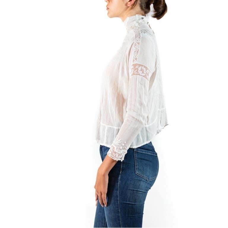 Edwardian White Organic Cotton Voile Floral Embroidered Swan Neck Blouse In Excellent Condition For Sale In New York, NY