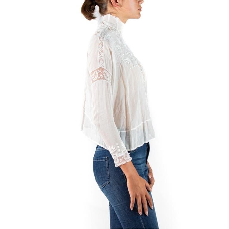 Women's Edwardian White Organic Cotton Voile Floral Embroidered Swan Neck Blouse For Sale