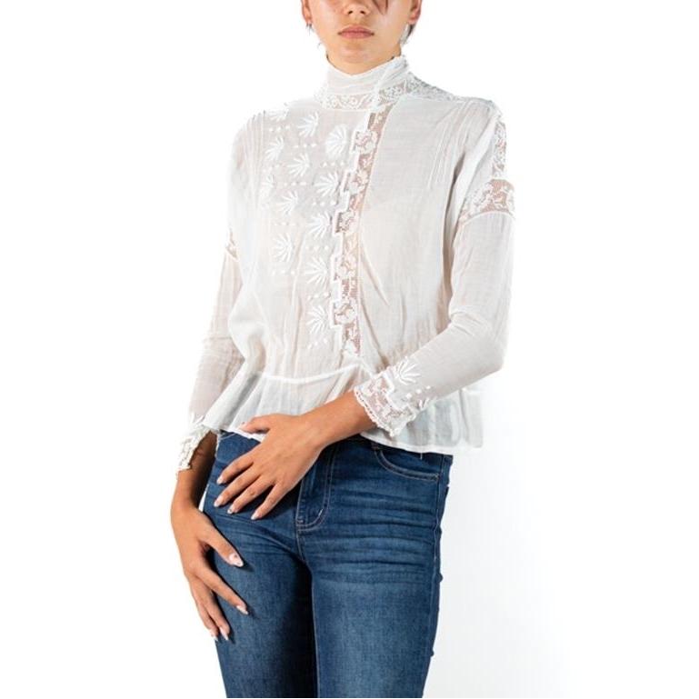 Edwardian White Organic Cotton Voile Floral Embroidered Swan Neck Blouse For Sale 1
