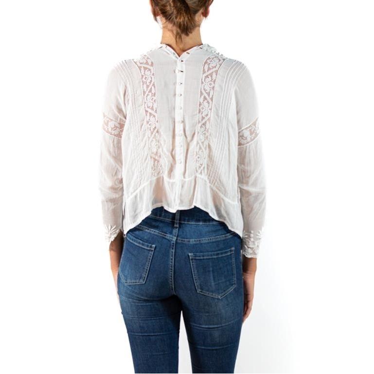 Edwardian White Organic Cotton Voile Floral Embroidered Swan Neck Blouse For Sale 2