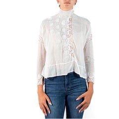 Edwardian White Organic Cotton Voile Floral Embroidered Swan Neck Blouse