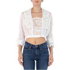 Edwardian White Organic Cotton Voile Hand Embroidered Blouse With Handmade Lace