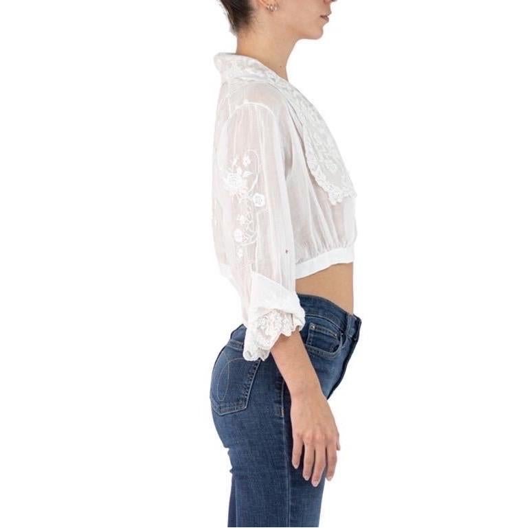 Women's Edwardian White Organic Cotton Voile Hand Embroidered Blouse With Handmade Lace For Sale