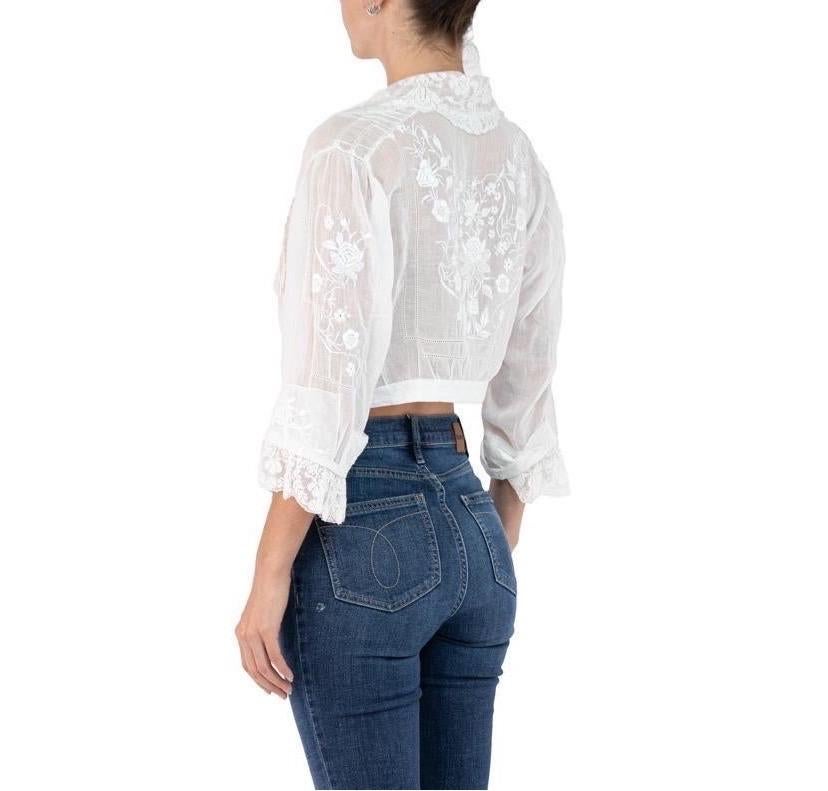 Edwardian White Organic Cotton Voile Hand Embroidered Blouse With Handmade Lace For Sale 1