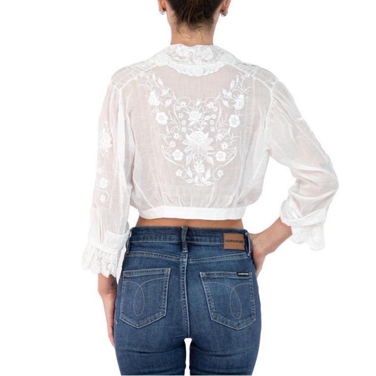 Edwardian White Organic Cotton Voile Hand Embroidered Blouse With Handmade Lace For Sale 2