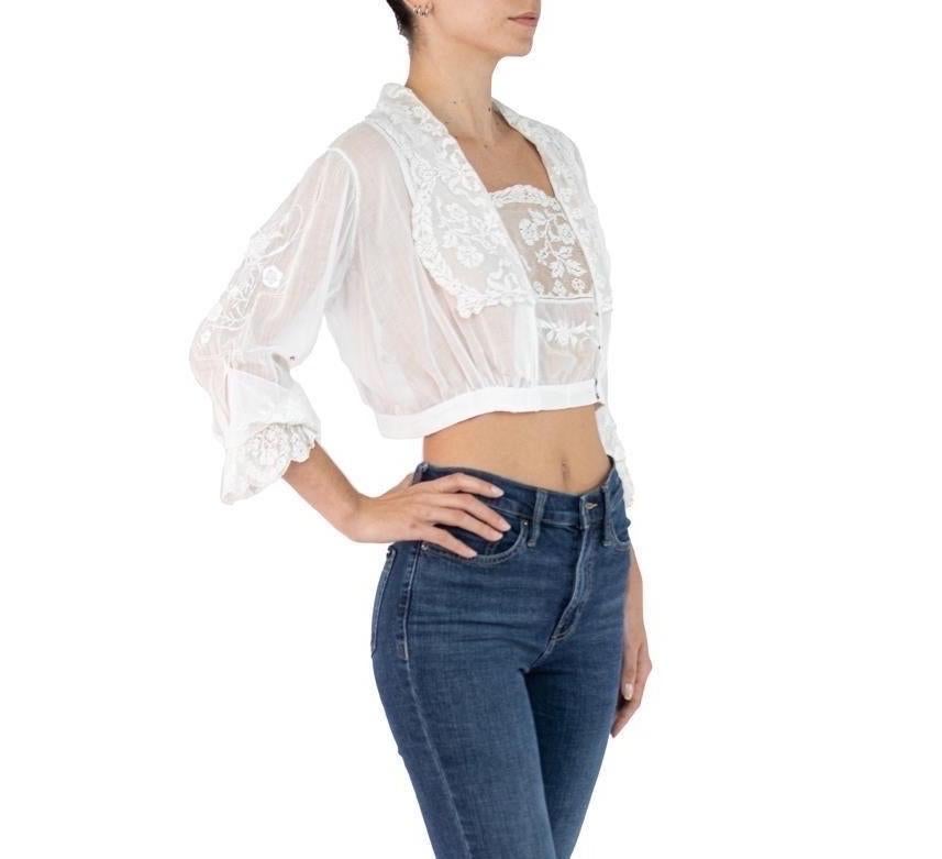 Edwardian White Organic Cotton Voile Hand Embroidered Blouse With Handmade Lace For Sale 5